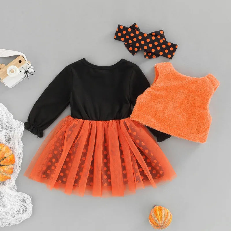 Halloween Baby Girl Dress 3 Pieces Suit Set, Pumpkin Letter Dots Print O-Neck Long Sleeve Dress Solid color Waistcoa