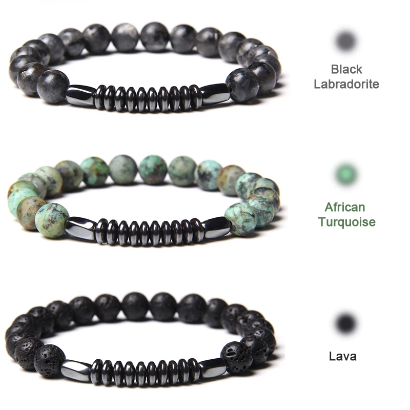 Labradorite and Lava stone elastic healing bracelet