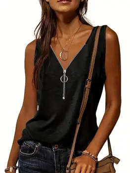 Versatile Women's V-Neck Half-Zip Tank Top - Casual All-Season Wear with Durable Stretch Fabric 1