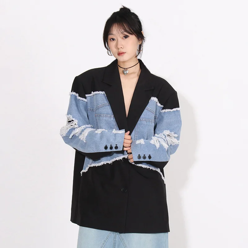 

Fashion Niche Trendy Jacket 2024 Spring New Personalized Design Sense Patchwork Denim Loose And Versatile Small Suit For Women
