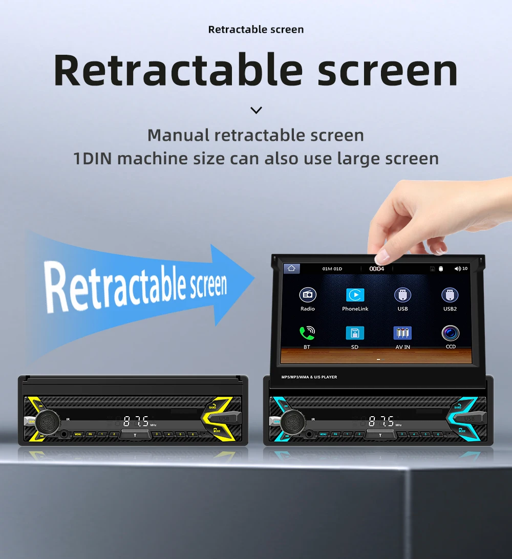 1Din Car Radio Player 7"MP5 Player Retractable Touch Screen Car Wireless CarPlay Android Auto Mirror Link Video USB TF BT Player 9 Sddd8a5ac984942a9b3cd29e6d41d9f8cT 1Din Car Radio Player 7"MP5 Player Retractable Touch Screen Car Wireless CarPlay Android Auto Mirror Link Video USB TF BT Player