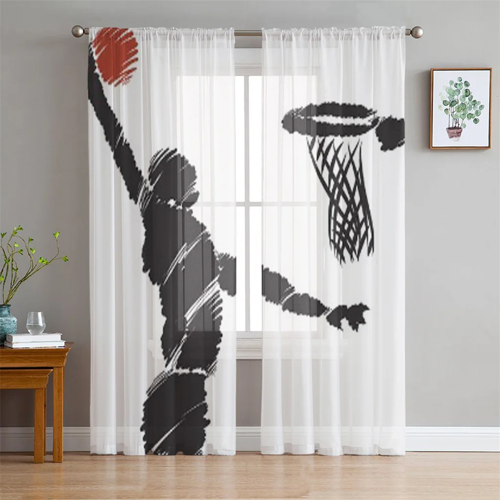 Sports Basketball Dunk Tulle Blackout Window Curtains for Kids Boys Living Room Bedroom Cupboard Hall Kitchen Door Home Decor