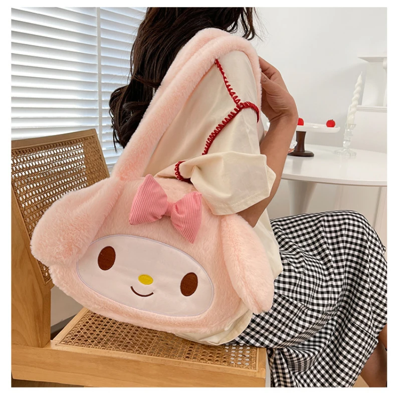 Kawaii Sanrio Plush Cinnamoroll Melody Kuromi Women Tote Handbags Shoulder Bags Fashion Female Messenger Bags Purses Xmas Gifts kawaii sanrio square plush cosmetic bag kuromi my melody cinnamoroll pachacco plush makeup bags women girlfriend birthday gift