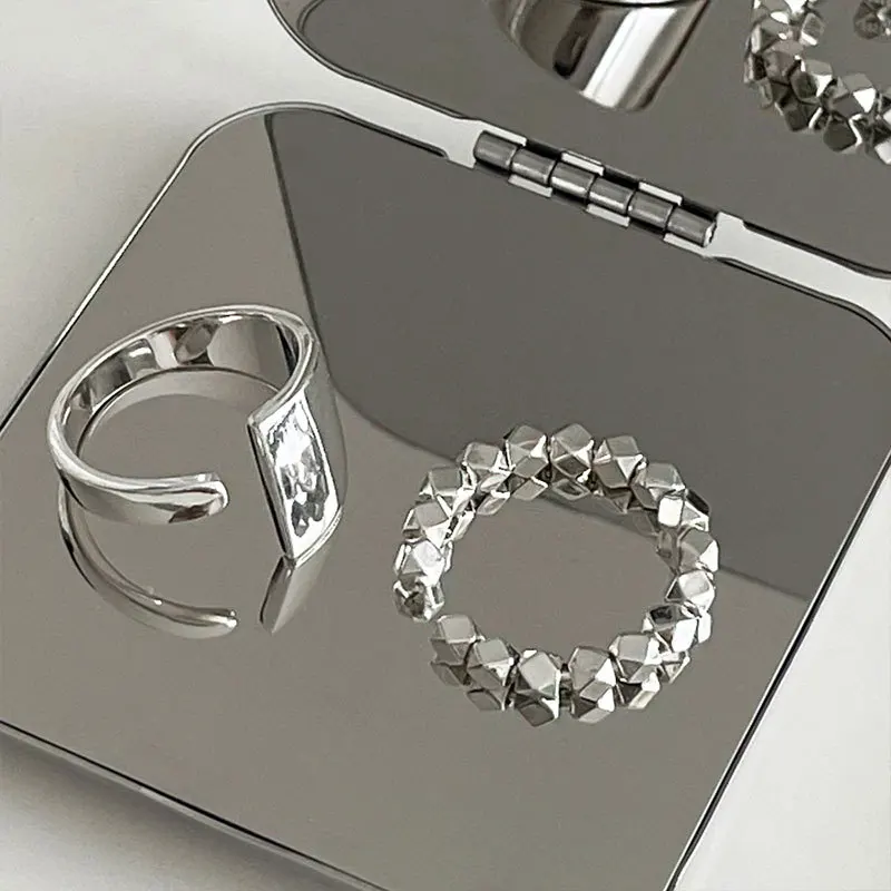 

Geometric Silver Personality Wide Unique Stone Adjustable Retro Rings Fine Jewelry for Women Fashion Party Elegant Accessories