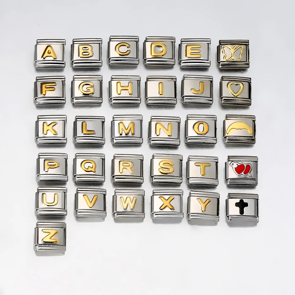 Neue Mode A-Z 26 englische Buchstaben italienische Charm Links passen 9mm Edelstahl Armband machen Frauen Männer Schmuck Armreif Kette – Detail 1
