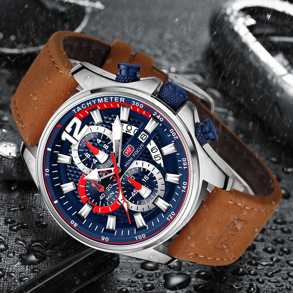 MINI FOCUS Casual Sport Watches for Men Fashion Leather Strap Chronograph Quartz Wristwatch with Date Luminous Hands Blue 0350