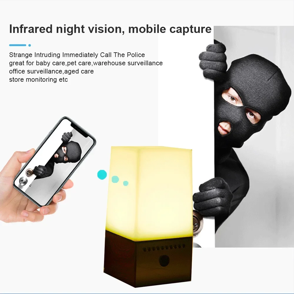 Mini kamera lampe placeret på et skrivebordsopsætning