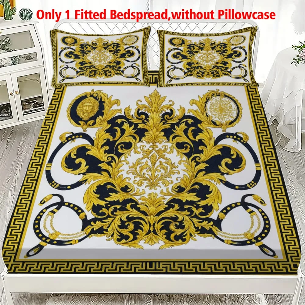 1pc Baroque Gold Medusa & Scroll Print Fitted Sheet Deep Pocket Elastic Mattress Cover Single Double Queen King Bedroom Decor
