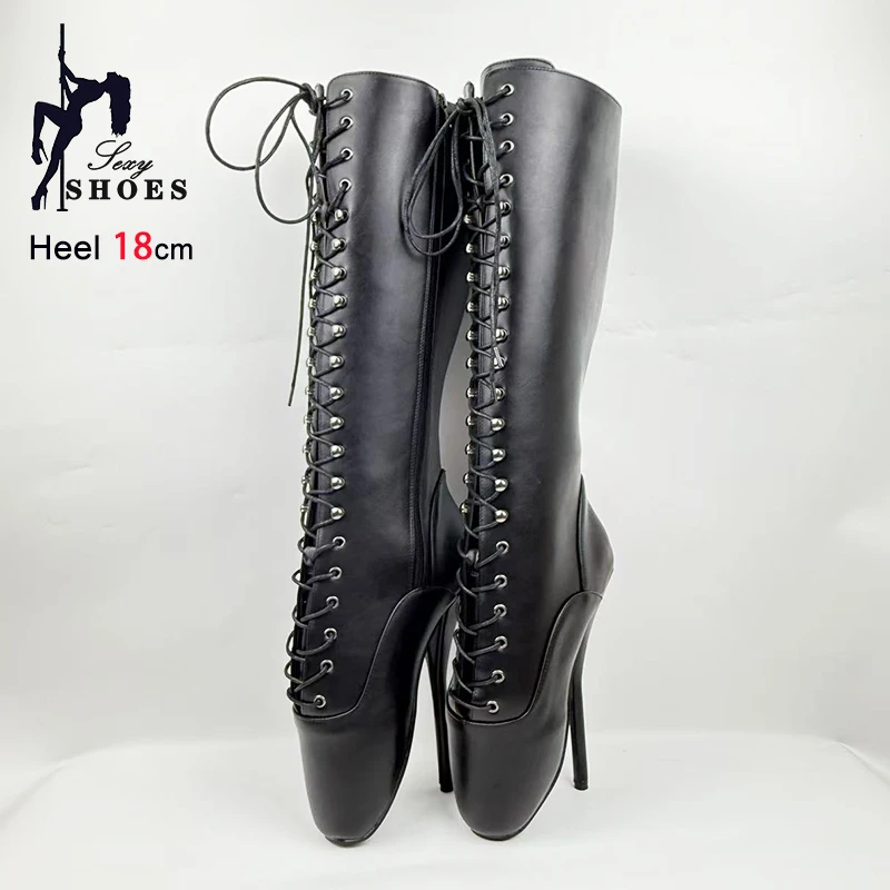 18CM Stiletto Heel Matte Black Women Knee High Ballet Boots Sexy Fetish Side Zipper Lace up  Fashion Shoes Women Mid-calf Boots