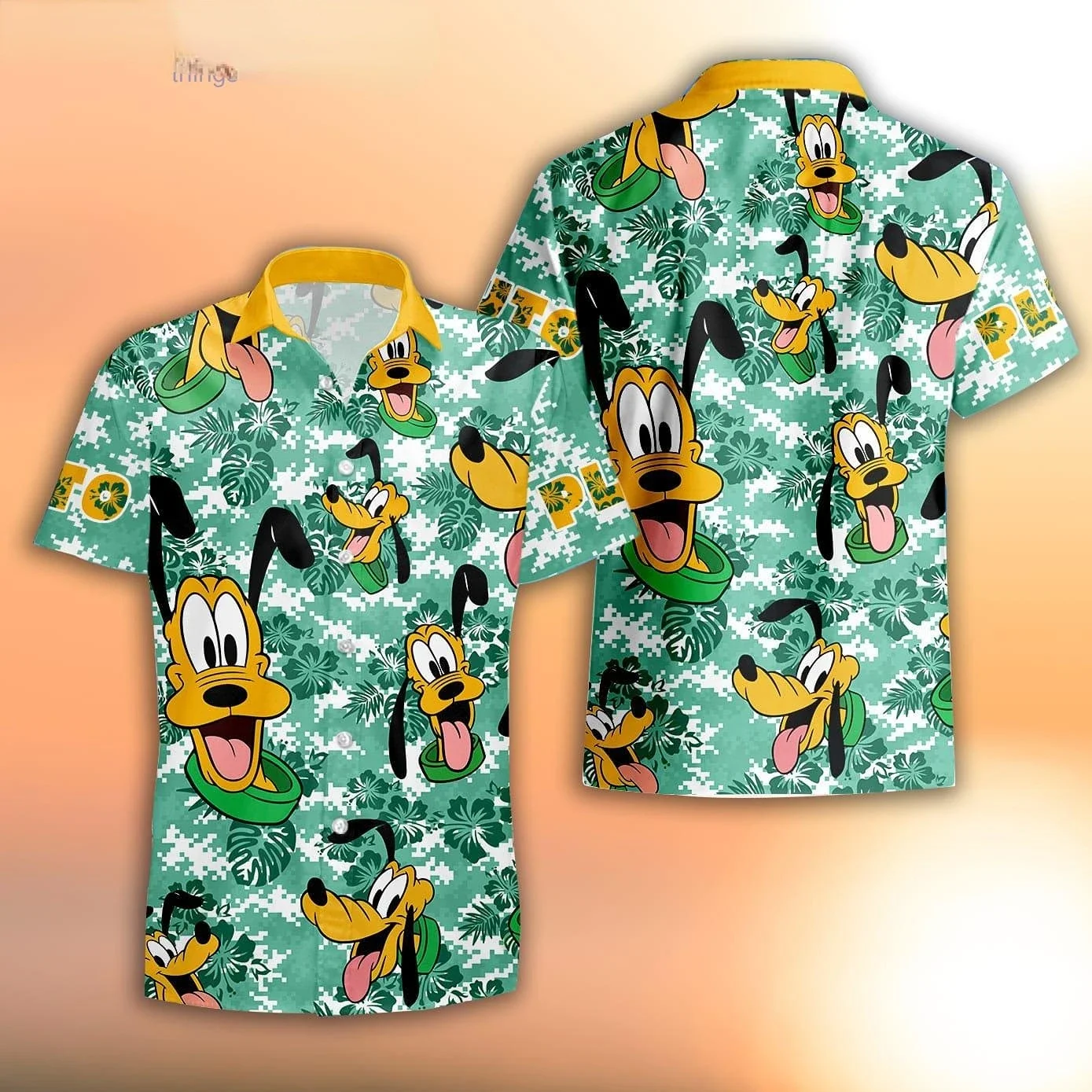 

Mickey Mouse Pluto Dog Orange Green Strips Summer Tropical Disney Hawaiian Shirt