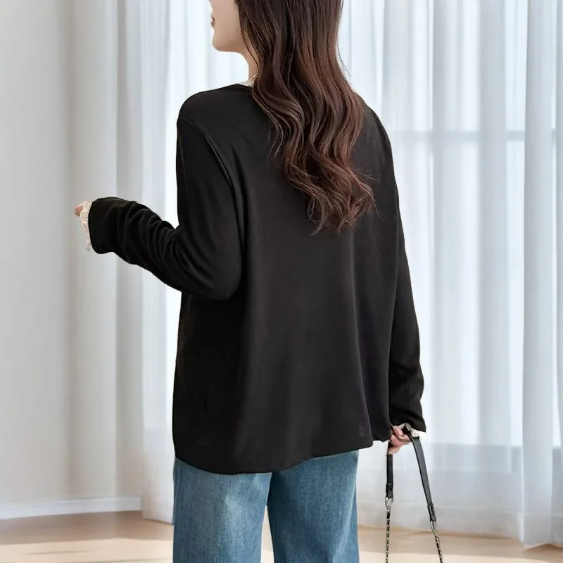 2025 Spring Plus Size Women's Top Fashion Lace Long Sleeve Slit T-shirt 100kg Base Tees 308