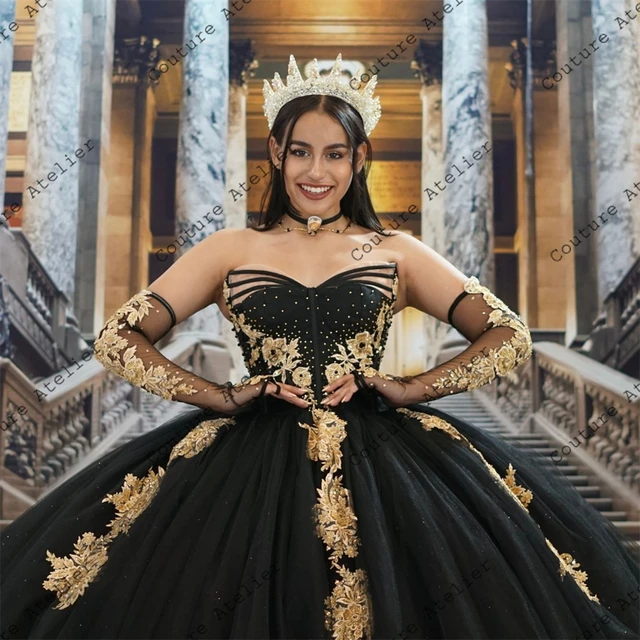 Black Gold Quinceanera Dresses Quinceanera Dress Black Dress With Gold  Applique Lace Gold And