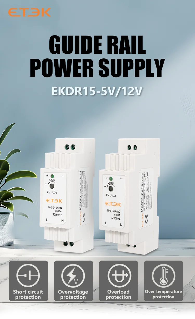 ETEK DR-15/60 Series 5V 12V 24V Output Voltage 15W 60W Din Rail Type Small Volume Switching Power Supply Transformer EKDR