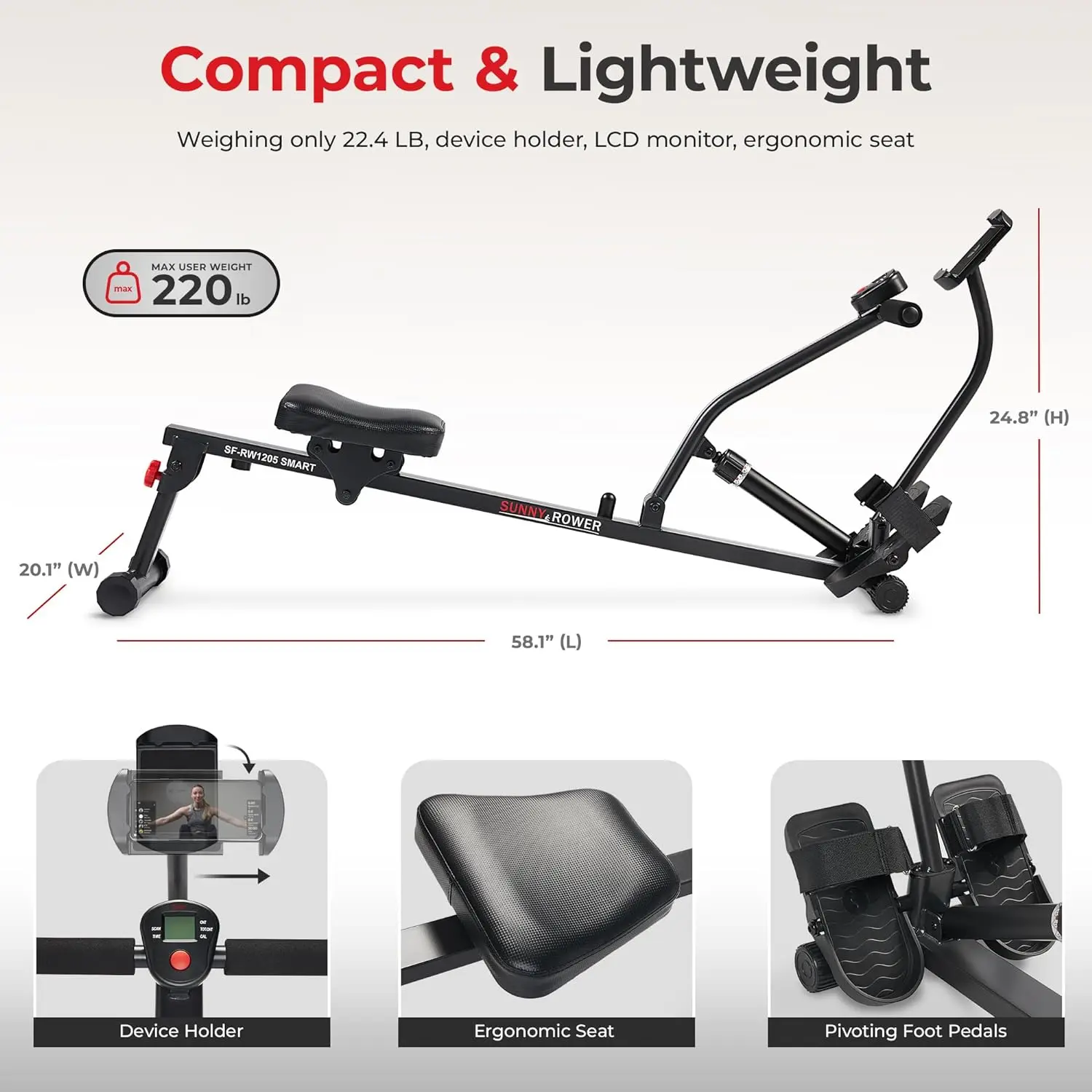 Health & Fitness Compact Adjustable Rowing Machine with 12 Levels of Resistance for Complete Body Workouts and Optional Fr