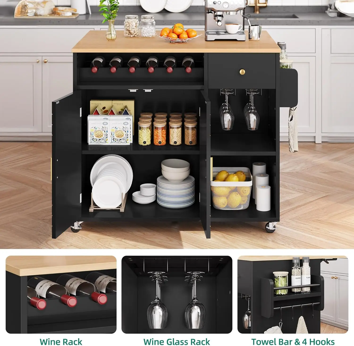Kitchen Island with Folding Drop Leaf, Rolling Kitchen Cart with 2 Gilded Cabinet Doors, Island Cabinet on Wheels