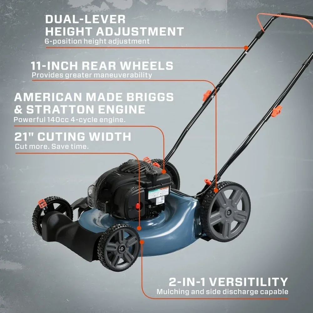 21-Inch Gas Push Lawn Mower 140 Cc 4-Cycle Mulching and Side Discharge 6-Position Dual Lever Height Adjustment