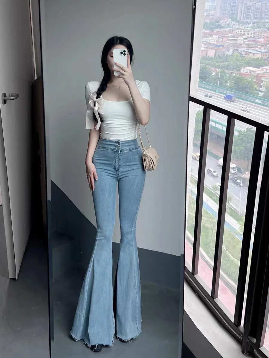 Supermodel women jeans Flare slim pants Tight flare pants High waist lens Blue Flare pants Harajuku fashion retro y2k 2024 new