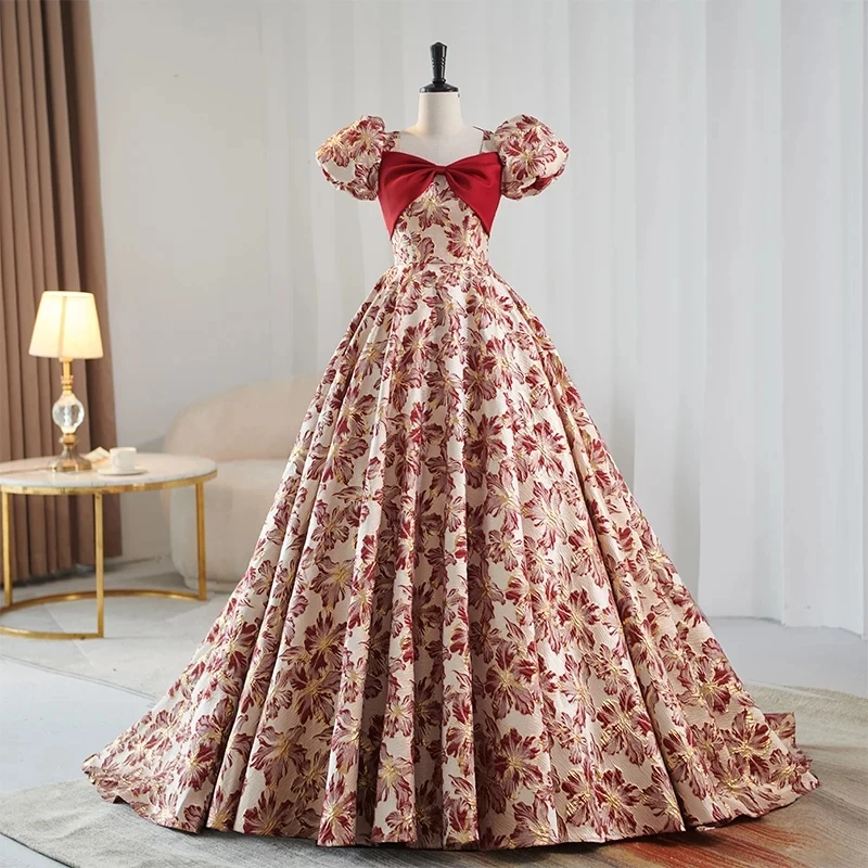 Evening Dress Red Embroidery Satin Floor Length Short Sleeves Square Collar Lace Up Plus Size Women Party Dresses Customized