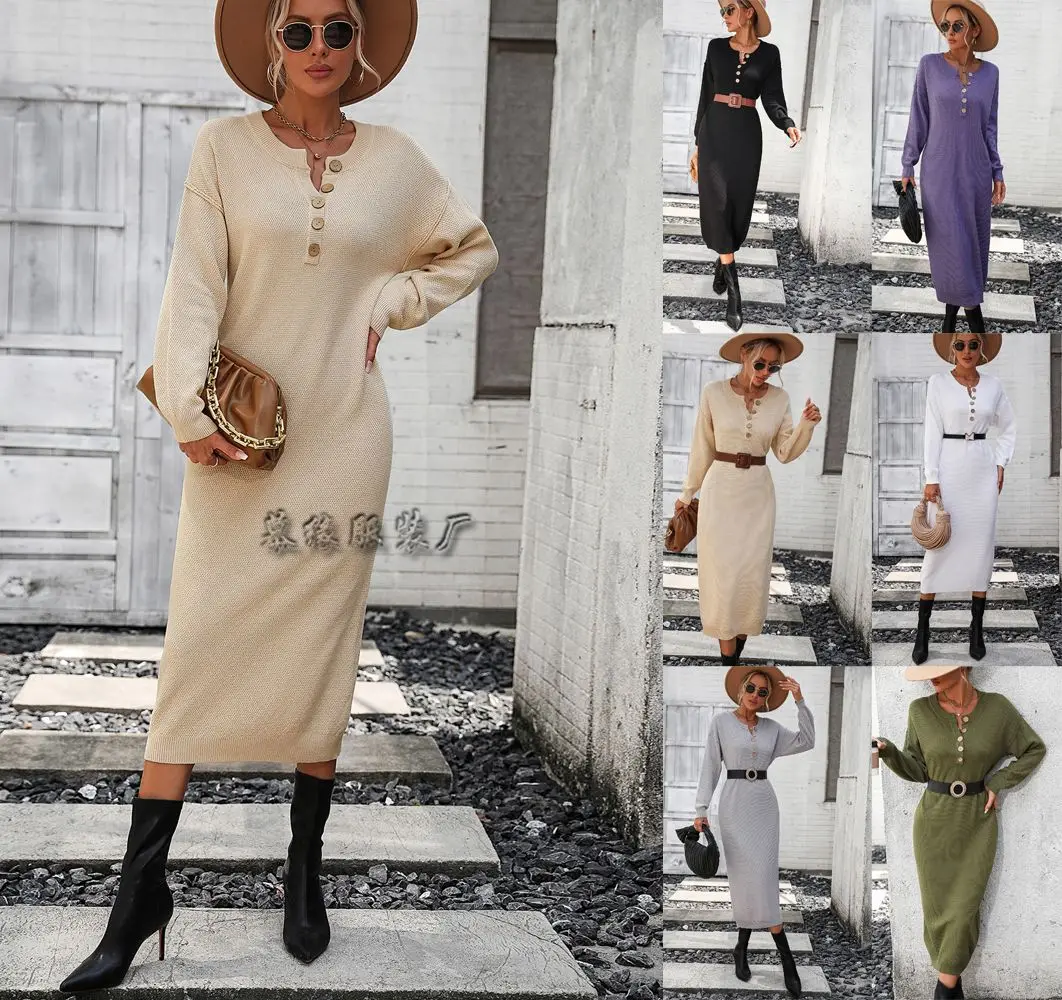 

2023 autumn and winter new European and American button knit dress fashion temperament commuter woman sweater woman
