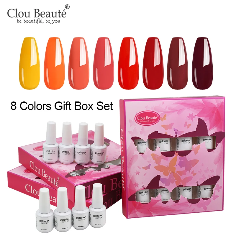 

Clou Beaute 8pcs 8ml Gel Nail Polish Set Gift Box Kit Semi Permanent Natural Resin Hybrid Nails Art Varnish Soak Off UV Lacquer