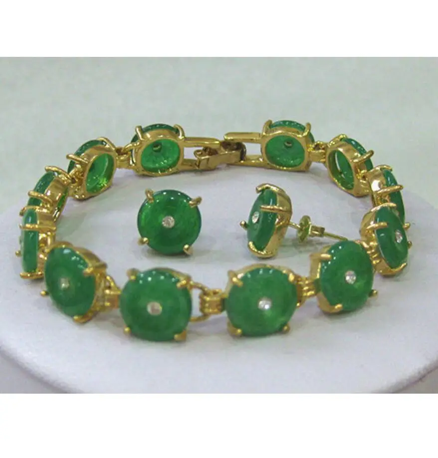 

Fashion jewelry Free Shipping Natural Green Jade bracelet earrings set 7.5" AAA