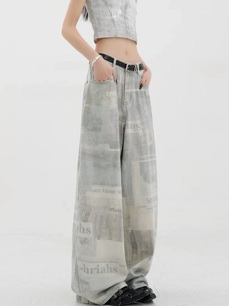 Klassische Hohe Taille Straße Casual Gerade Amerikanische Frauen Jeans Sommer Mode Gedruckt Kontrast Farbe Lose Weibliche Breite Bein Hosen – Detail 4