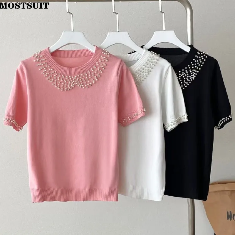 

Pearl Beaded Knit Sweater T-shirt Women Elegant Korean Fashion Solid Ladies Tees Tops Knitwear Summer Short Sleeve O-neck Jumper