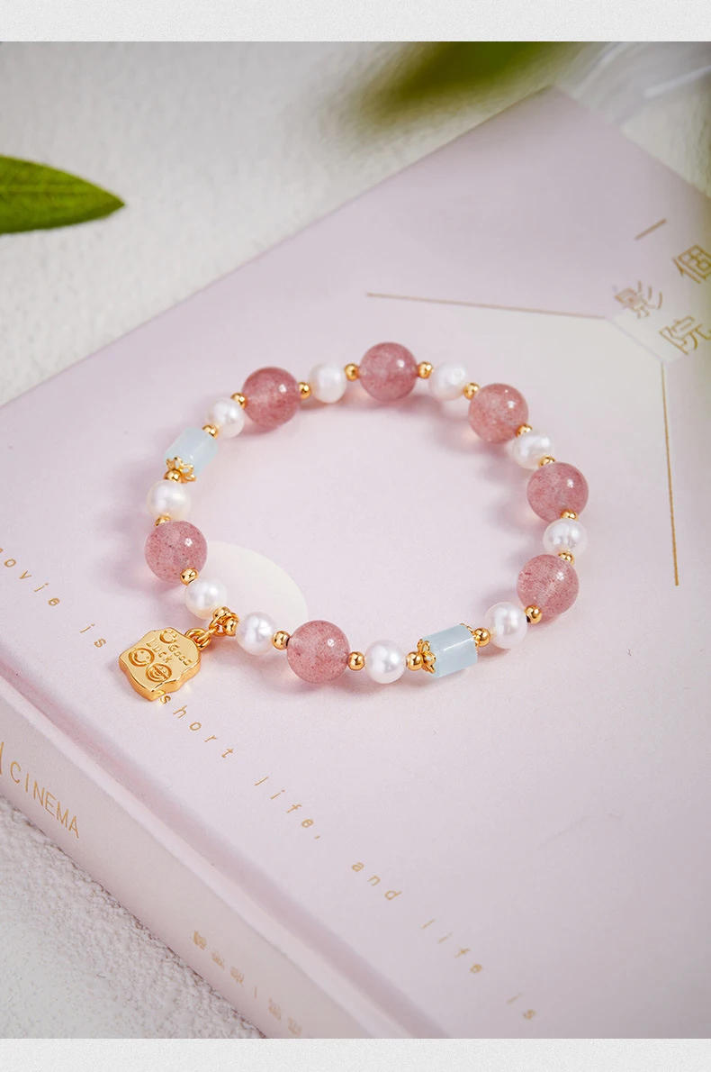 Natürliche Erdbeere Rosa Kristall Armband Frauen Geeignet für Liebe Ehe Weiße Blüte Perle Geschenk High-end-Temperament Schmuck – Detail 6