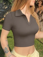 Summer Women's Short Sleeve Polo Shirt V-Neck Cropped Top Casual Knitted Solid Color T-Shirt - Image 4