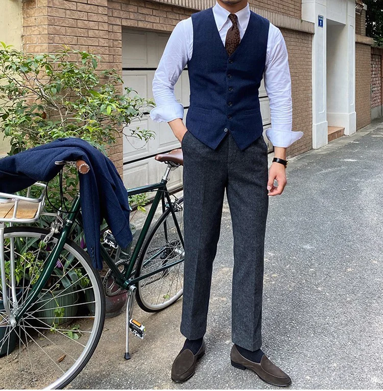 Herren-Anzugweste aus warmer Wolle mit Fischgrätenmuster für Herbst und Winter, vielseitige, trendige Business-Casual-Weste – Detail 3