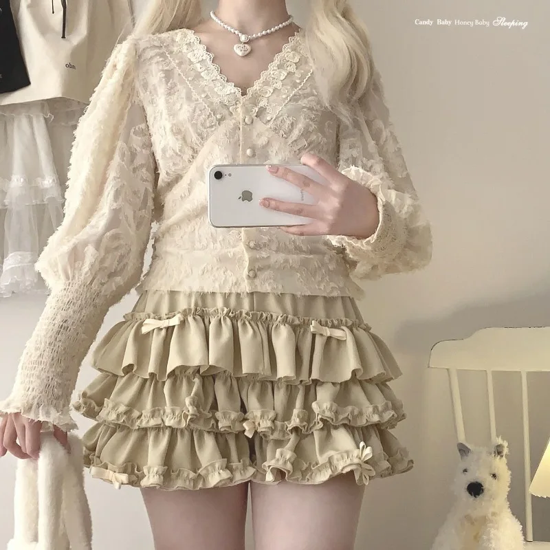 Fluffy Skirt Japan Cartoon Lovely Harajuku Lolita Gothic Y2k Self-control Gu Zao Cake Stacking Cake Bow Knot