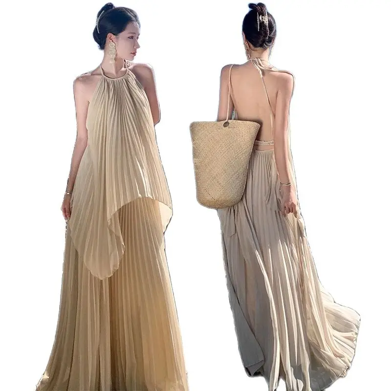 Summer Chiffon Top Hollowed Back Pleated Large Hem Skirt Two Pieces Women Set  Holiday Beach Fashion