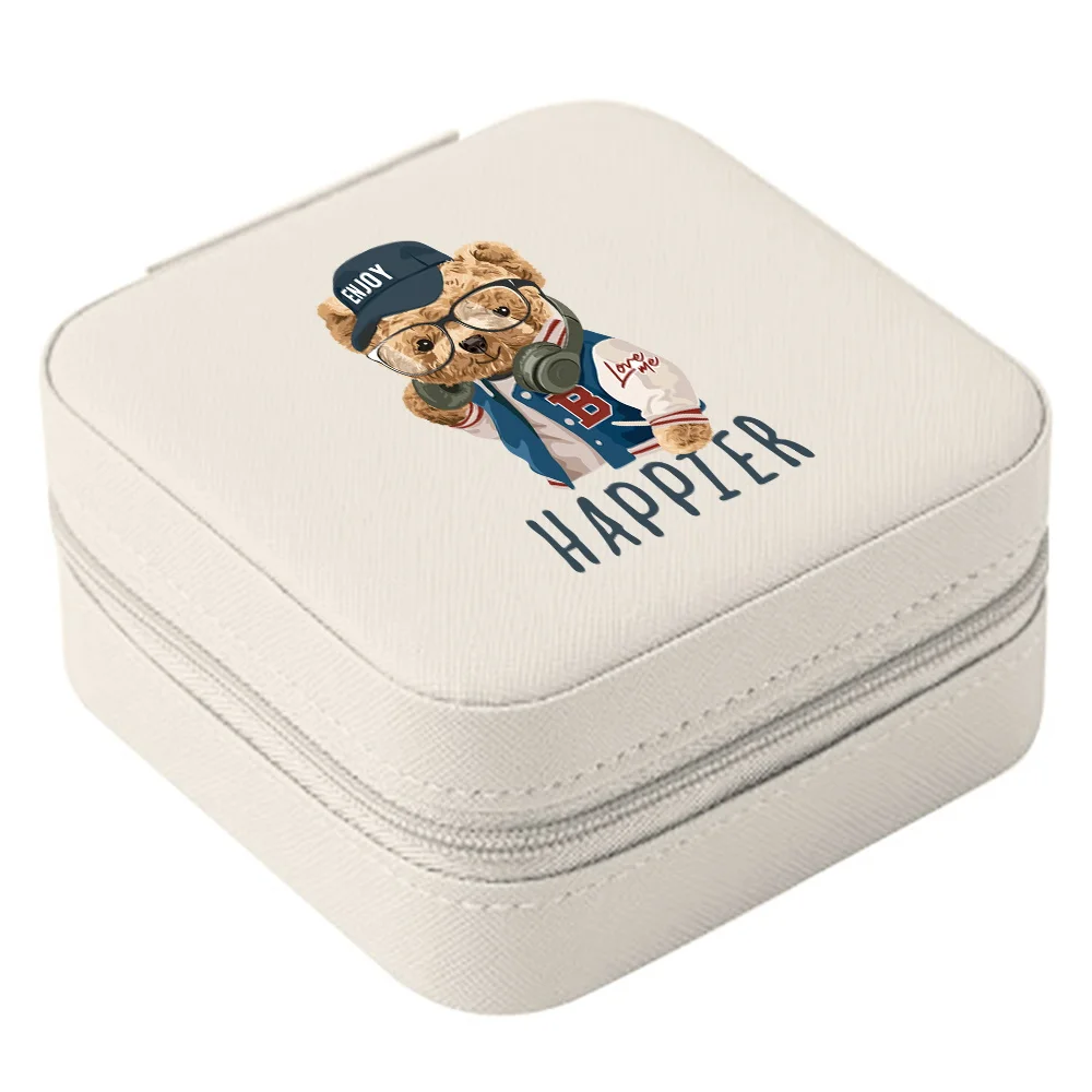 Jewelry Storage Box Portable Earrings Necklace Rings Organizer Case 2023 Women Bear Print PU Leather Zipper Mini Jewelers Boxes