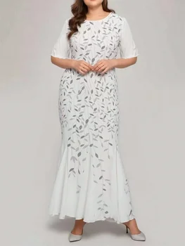 Plus Size Mermaid Evening Dress Women Half Sleeve O Neck Leaf Sequin Embroidery Tulle Long Formal Gown Wedding Guest Mother of T