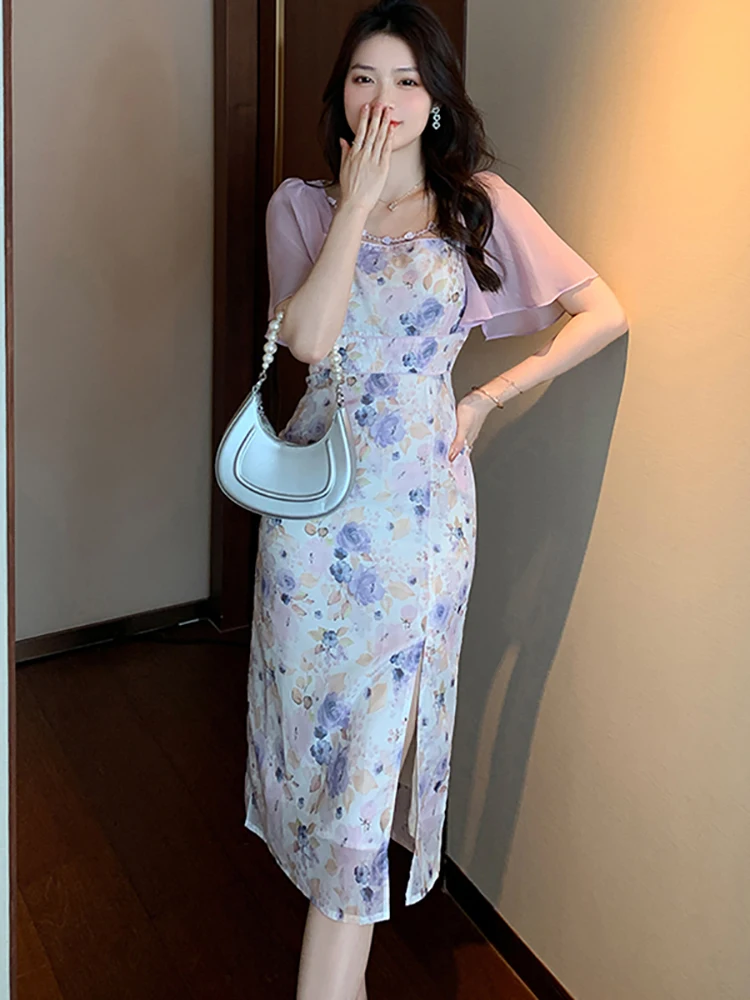 

Women Floral Chiffon Patchwork Butterfly Sleeve Midi Dress Summer Boho Fashion Chic Dress 2024 Korean Elegant Bodycon Home Dress