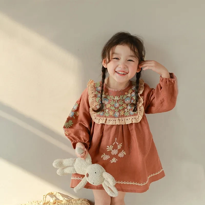 

Toddler Baby Girl Long Sleeve Dress Children Embroidery Short Dress Kids Full Dresses for Girls fits 1-9Years