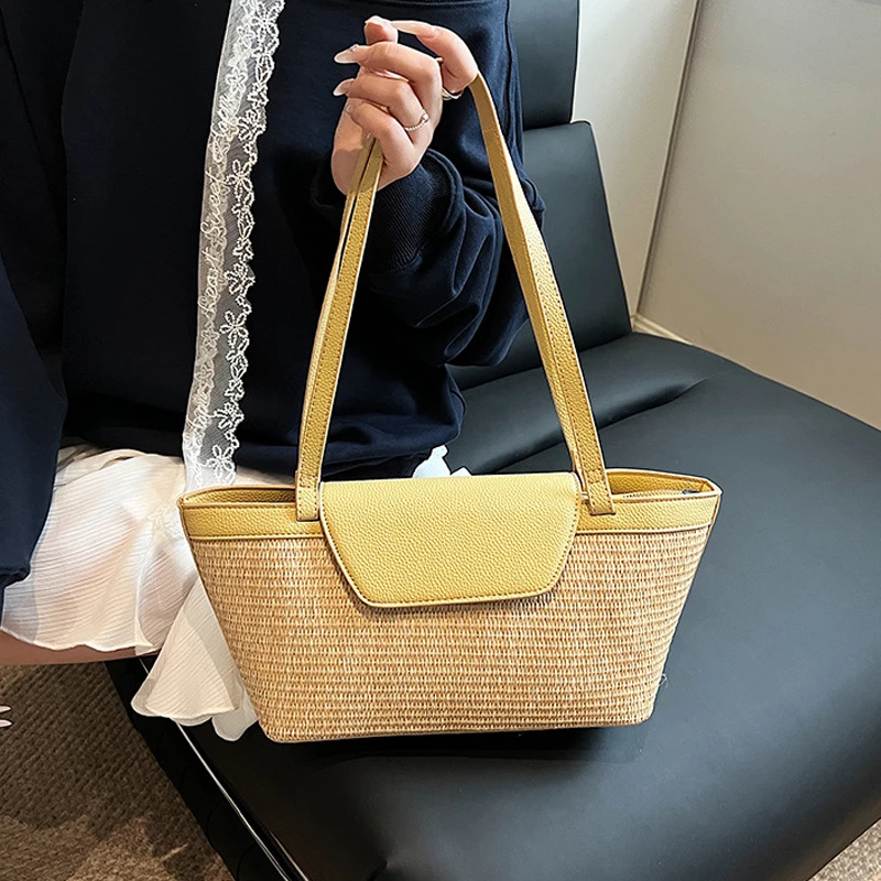 Fashion Women Shoulder Bag PU Woven Patchwork Stick Bag Large Capacity Tote Bag New Casual Woven Contrasting Color Handbag