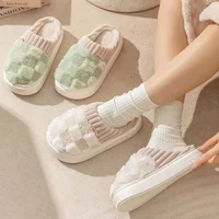 Fashion Couple Winter Slides Warm Plaid Fluffy Slippers Soft Sole Flip Flops For Women And Men Home Indoor Non-slip Cotton Shoes - Image 3