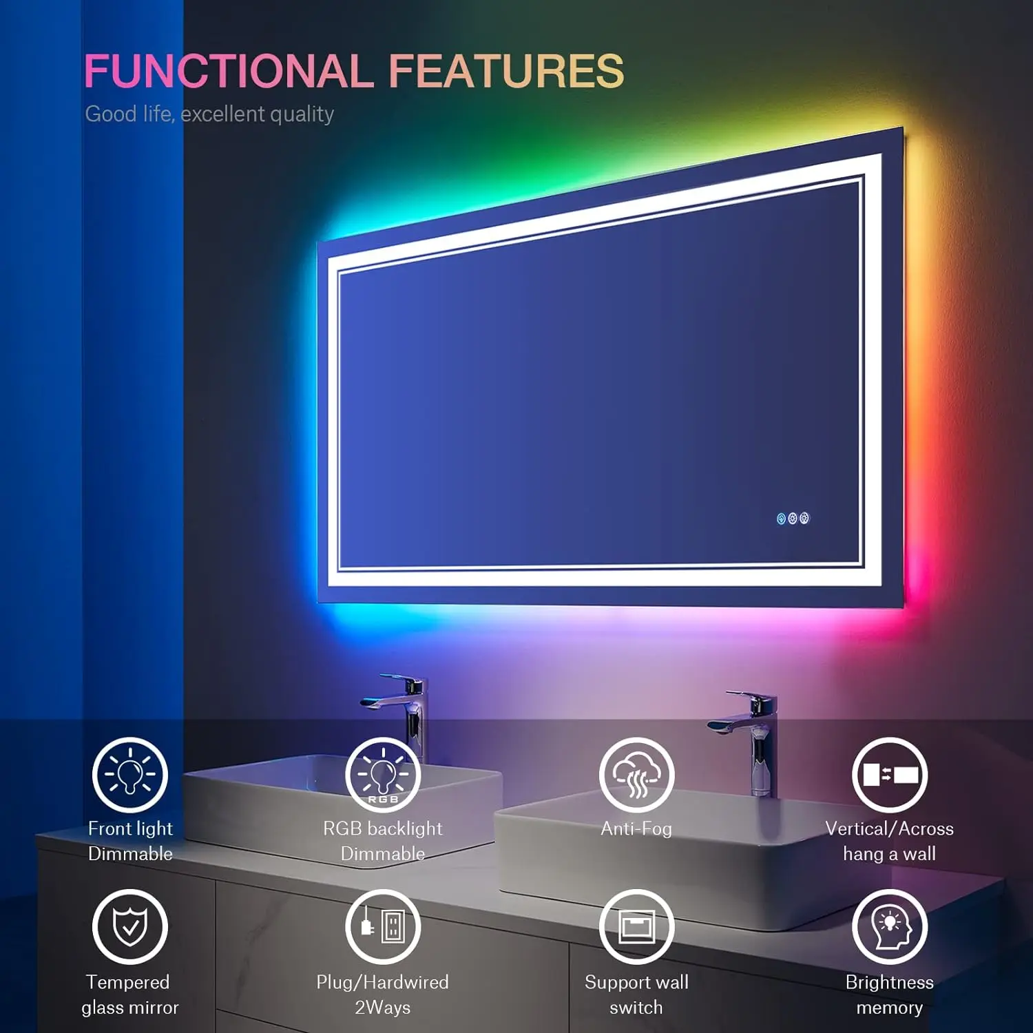 Description Picture 5 of itemBathroom Mirror with Lights Color Changing RGB Backlit LED Mirror for Bathroom Lighted VanityMirrors for Bathroom Wall Dimmable