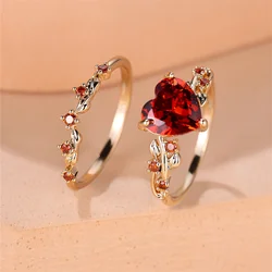 Elegant Multicolor Heart Ring Set for Women - Rose Gold with White Zircon Stones (Red)