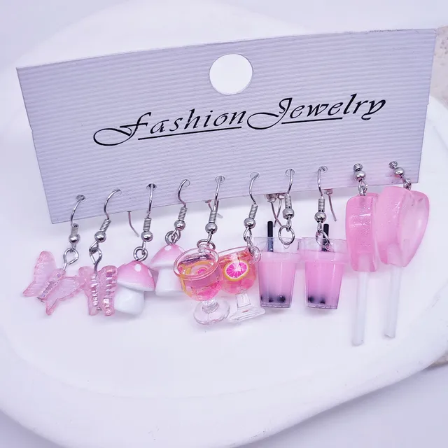 European and American cross-border cartoon fashion resin simulation food, milk tea, mushroom candy earrings, pink set 5