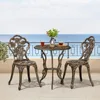 3-Piece Outdoor Bistro Set w/Rose Design,Resistant Cast Aluminum Table and Chairs w/Umbrella Hole for Balcony Backyard Garden 1