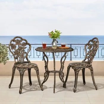 3-Piece Outdoor Bistro Set w/Rose Design,Resistant Cast Aluminum Table and Chairs w/Umbrella Hole for Balcony Backyard Garden 1