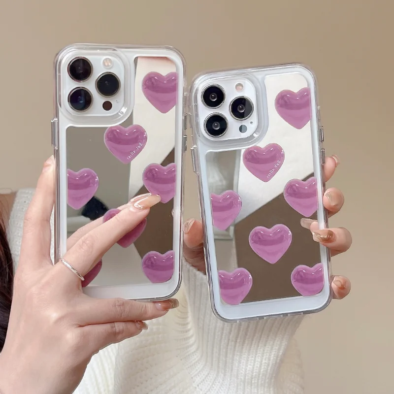 Coque de téléphone avec miroir et cœur pour fille, étui arrière