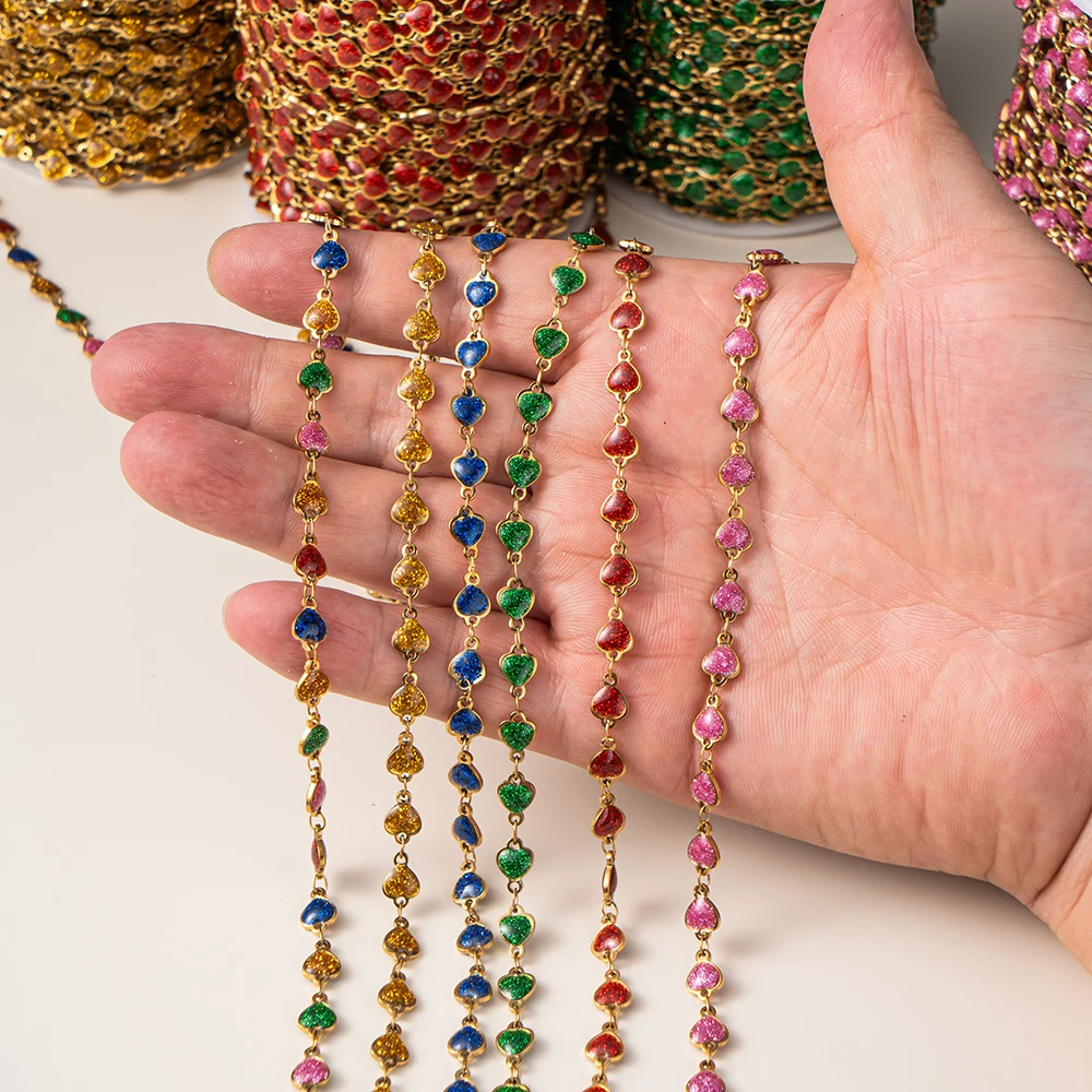 1 Meter vergoldeter Edelstahl, glänzende Emaille-Herz-Augen-Gliederkette für DIY-Frauen-Männer-Choker-Armband, Fußkettchen, Schmuckherstellung – Detail 1