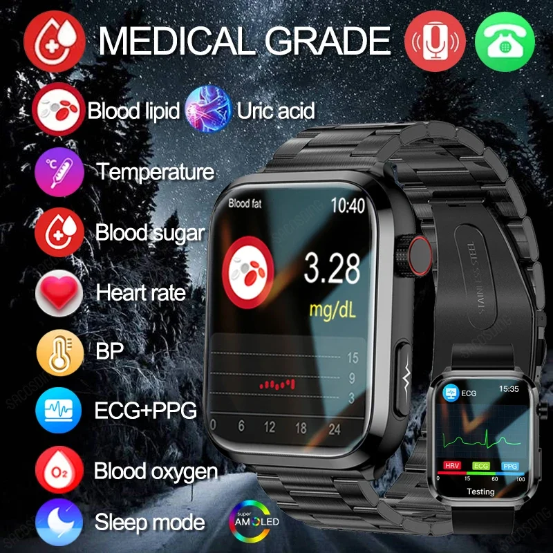 

2023 New Blood Lipids Uric Acid Blood Glucose Smart Watch Men ECG+PPG Fitness Tracker Clock Heart Rate Bluetooth call Smartwatch