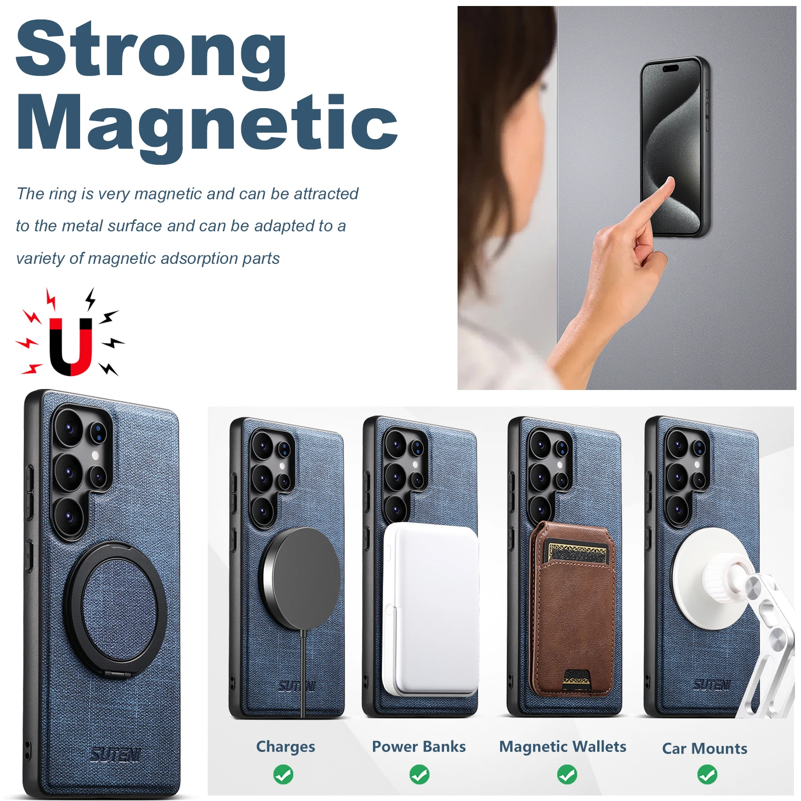 Magnetic Wireless Charging Faux Leather Phone Case with 360° Rotating Stand and Frosted Finish