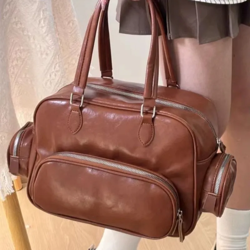 Retro Multi Pocket Boston Bag Women Ladies Academic Style Leather Large Capacity Shoulder Bag Ladies Premium Versatile Handbag