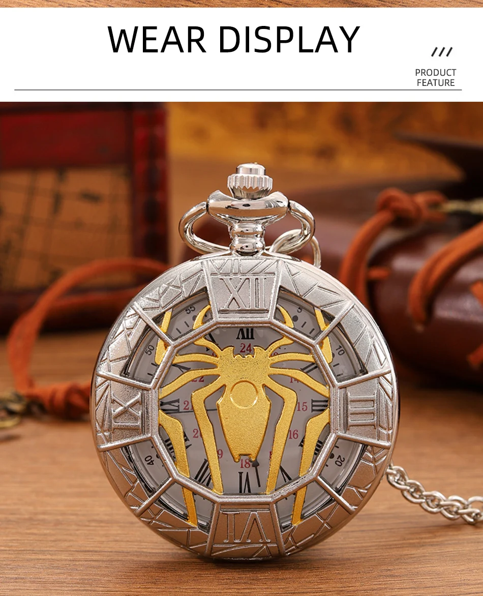 Antique Skeleton Spider Vintage Roman Numerals Quartz Pocket Watch Necklace Pendant Clock Chain Men Women with Chain Gifts