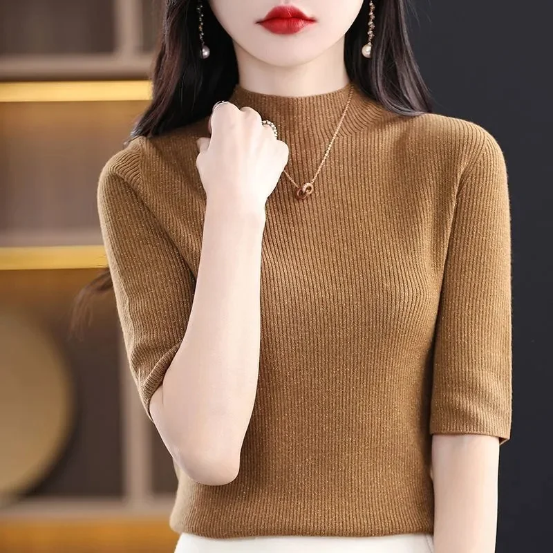 

2023 Spring Summer Womens Sweater Turtleneck Short Sleeve Slim Fit Knitted Pullovers Bottoming Casual Knitwear Camel Clothes